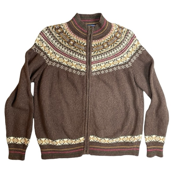 Shaver‎ Lake Cardigan Womens L Full Zip Brown Cream Ramin Cotton Grannycore - Picture 1 of 13